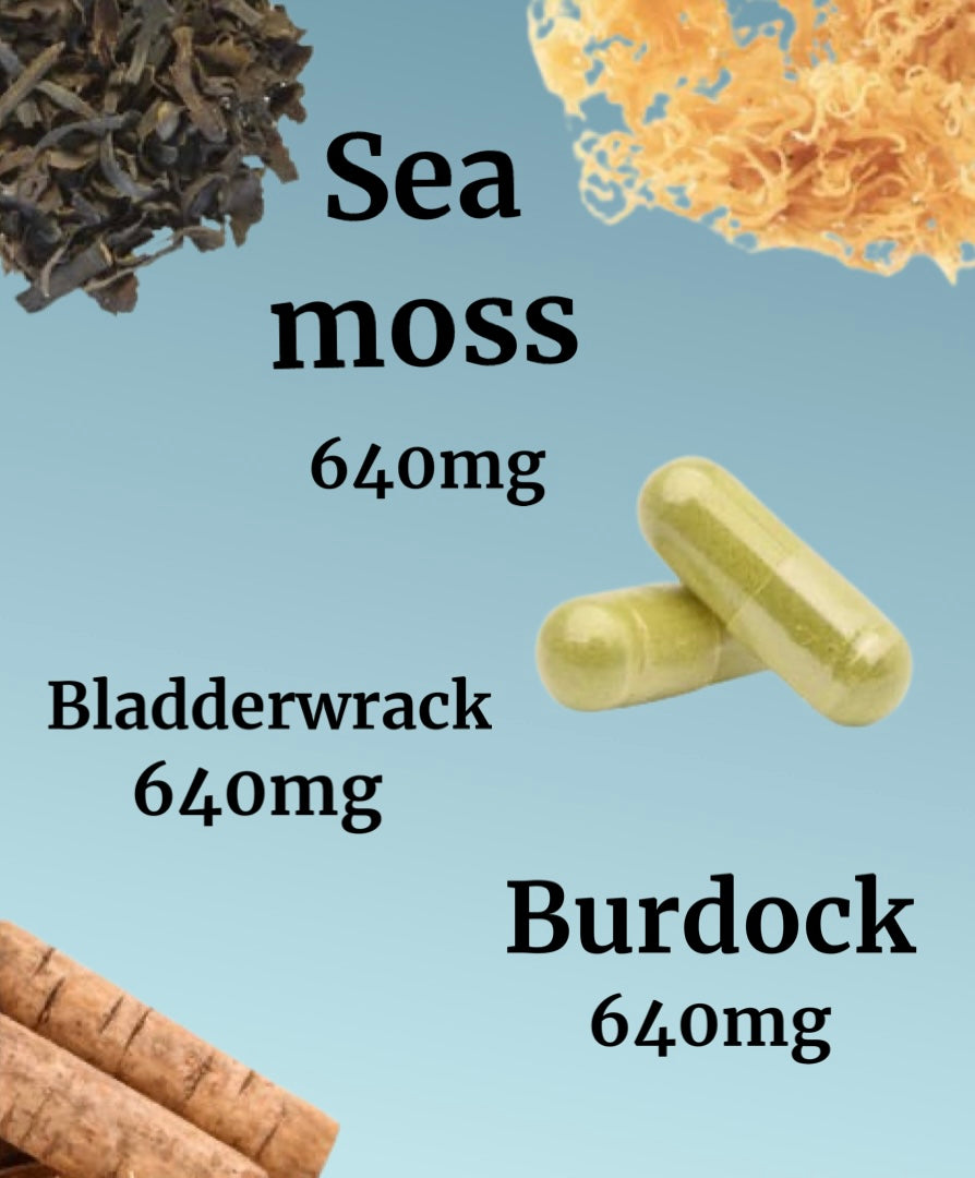 Seamoss 640mg Bladderwrack 640mg & Burdock root 640mg 60 vegetarian capsules